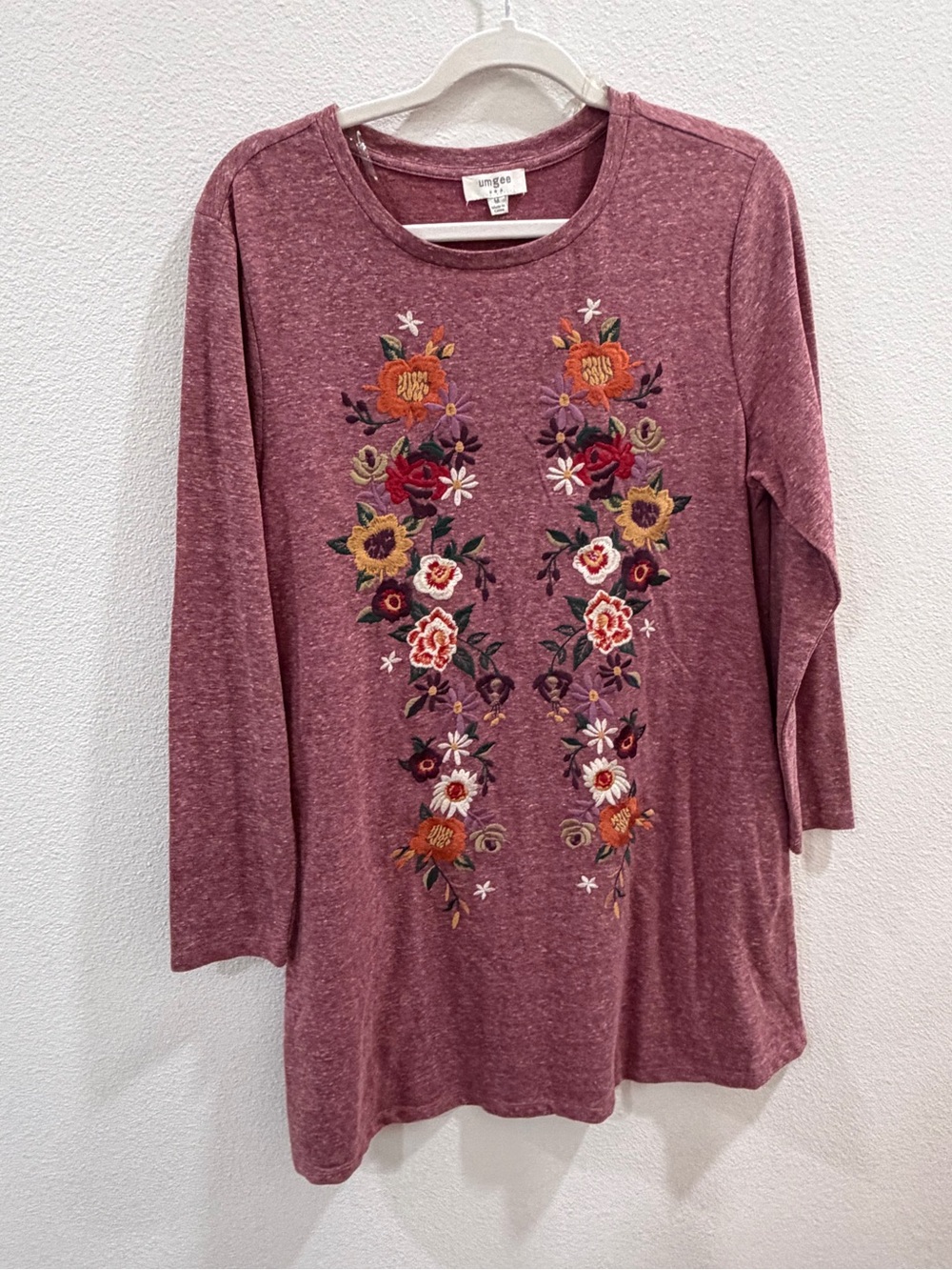 Umgee Mauve Heather Long Sleeve Tunic with Floral Embroidery